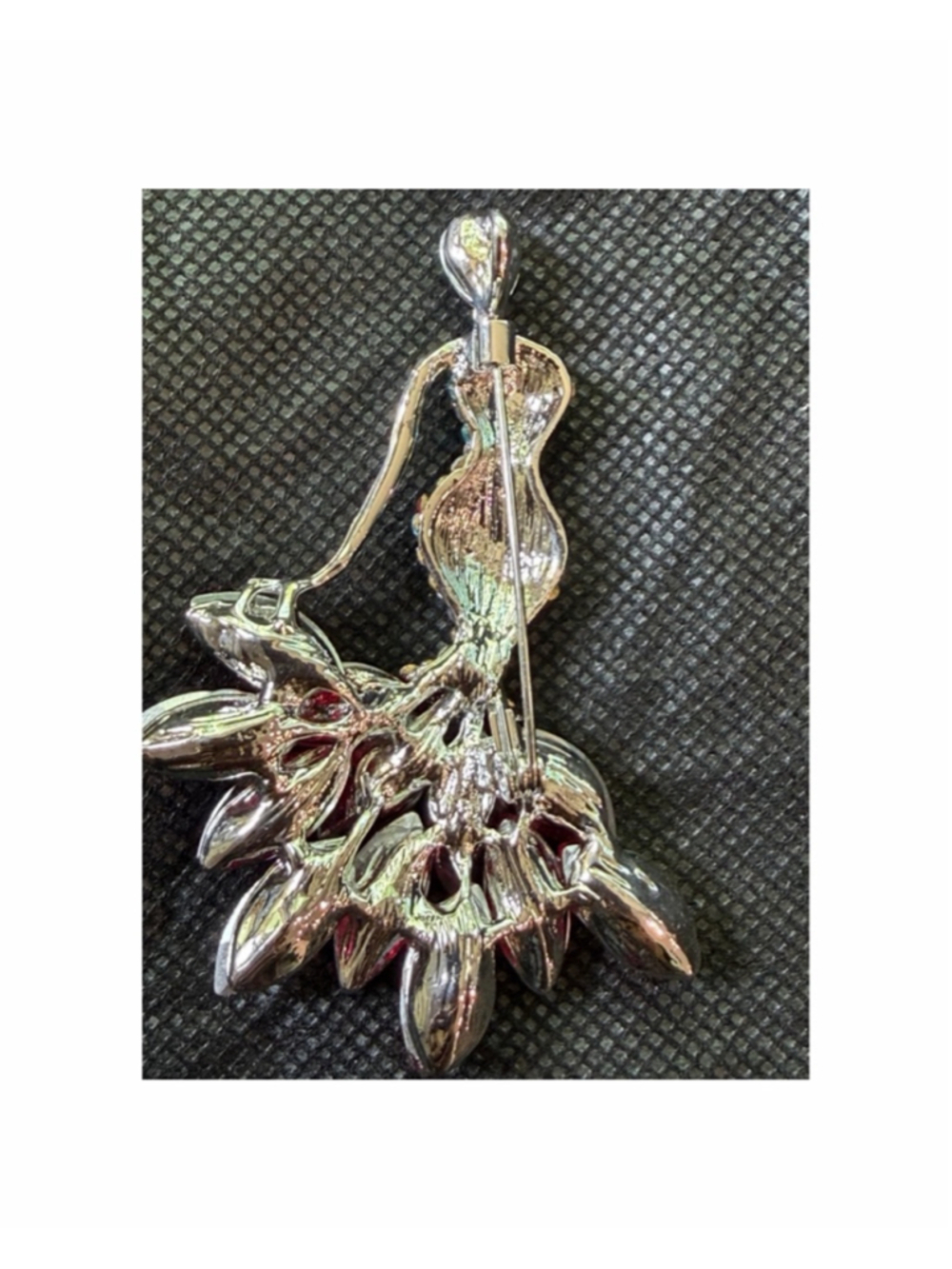 Lady wearing a vibrant pink and multi-colored crystal gown Brooch One Size - Picture 2 of 3